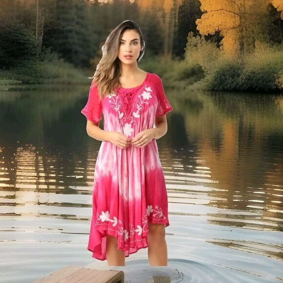 Riviera Sun Pink Tie Dye Midi Dress Size L Beachy Boho Fairy Vacation Loungewear - Picture 8 of 13